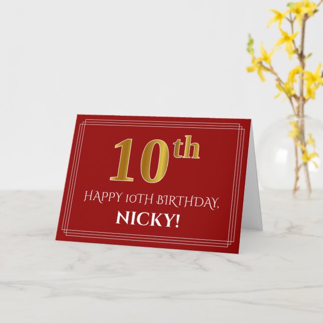 Carte Elégant Faux Gold Look "10ème" Anniversaire, Nom ( (Fleur jaune)