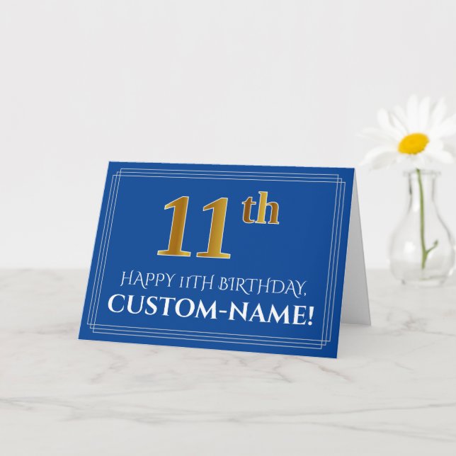 Carte Elégant Faux Gold Look 11e anniversaire, nom (bleu (Petite plante)