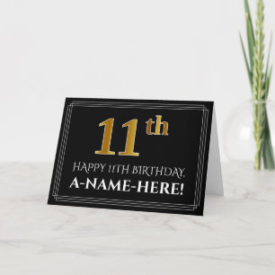 Carte Elégant Faux Gold Look "11ème" Anniversaire + Nom