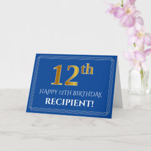 Carte Elégant Faux Gold Look 12e anniversaire, nom (bleu