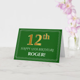 Carte Elégant Faux Gold Look 12e anniversaire, nom (vert