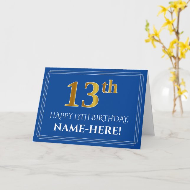 Carte Elégant Faux Gold Look 13e anniversaire, nom (bleu (Fleur jaune)