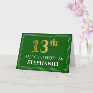 Carte Elégant Faux Gold Look 13e anniversaire, nom (vert