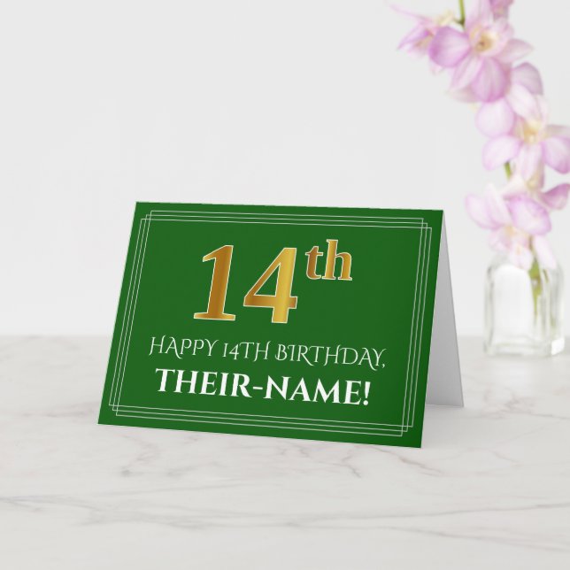 Carte Elégant Faux Gold Look 14e anniversaire, nom (vert (Orchidée)
