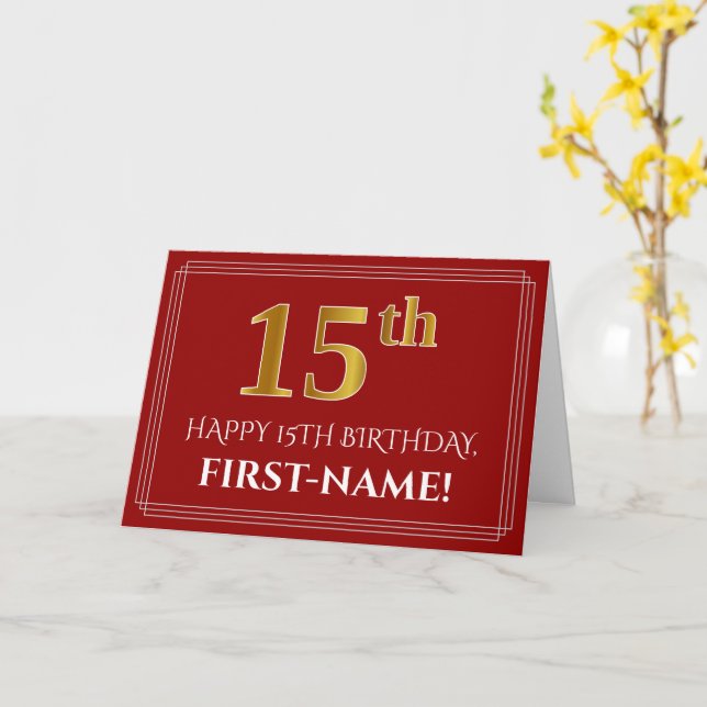 Carte Elégant Faux Gold Look "15ème" Anniversaire, Nom ( (Fleur jaune)