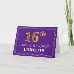 Carte Elégant Faux Gold Look 16e anniversaire, nom; viol