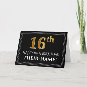 Carte Elégant Faux Gold Look "16ème" Anniversaire + Nom