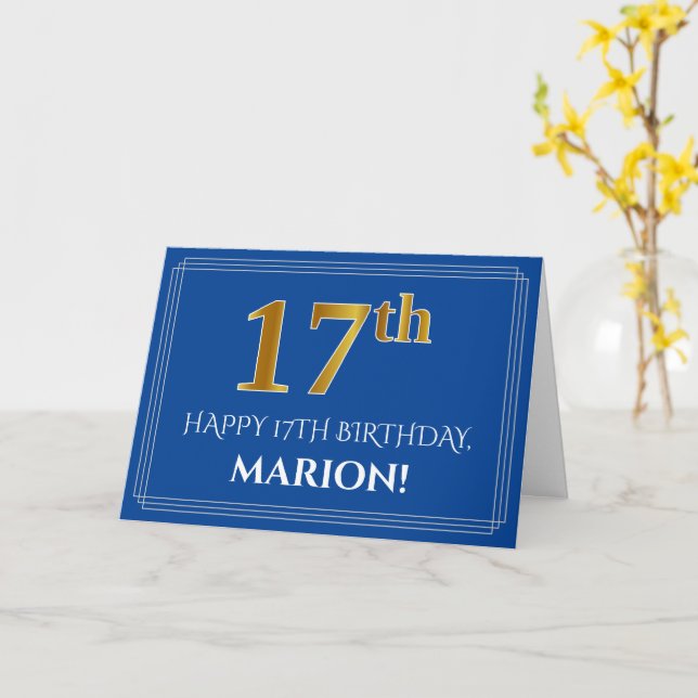 Carte Elégant Faux Gold Look 17e anniversaire, nom (bleu (Fleur jaune)