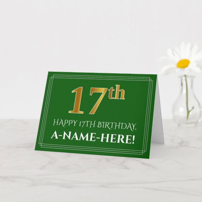 Carte Elégant Faux Gold Look 17e anniversaire, nom (vert (Petite plante)