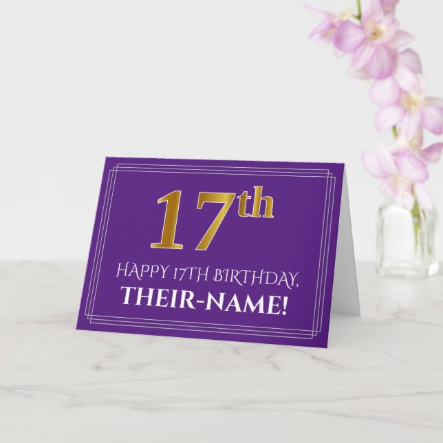 Carte Elégant Faux Gold Look 17e anniversaire, nom; viol (Orchidée)