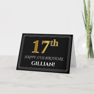 Carte Elégant Faux Gold Look "17ème" Anniversaire + Nom