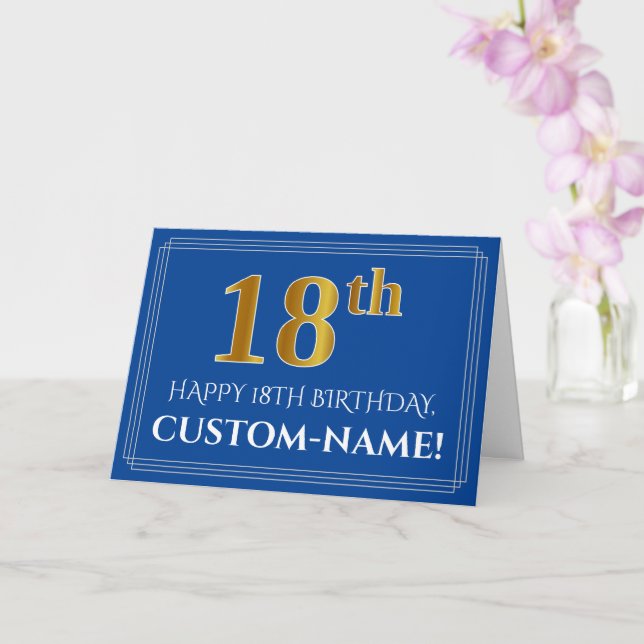 Carte Elégant Faux Gold Look 18e anniversaire, nom (bleu (Orchidée)