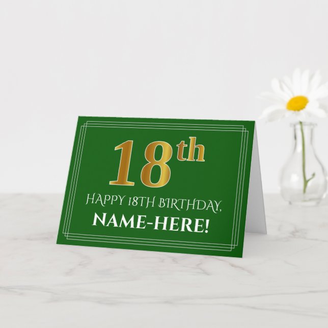 Carte Elégant Faux Gold Look 18e anniversaire, nom (vert (Petite plante)