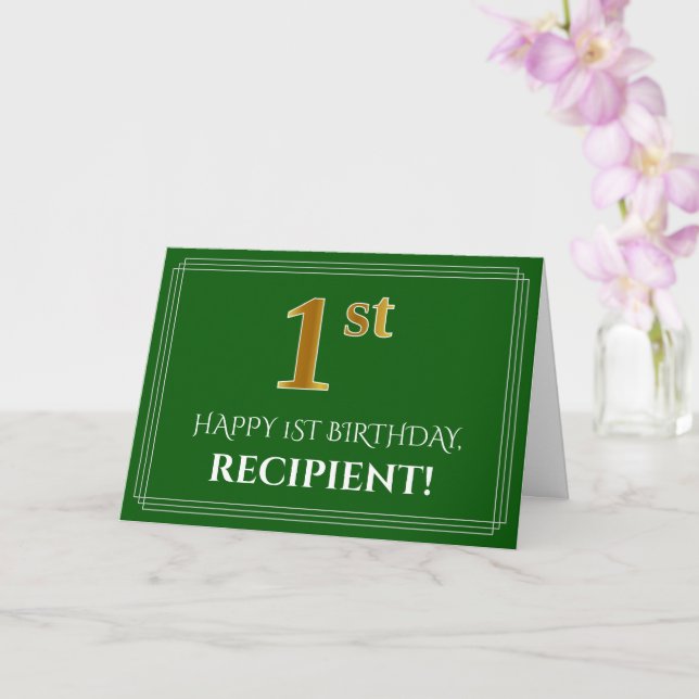 Carte Elégant Faux Gold Look 1er Anniversaire, Nom (Vert (Orchidée)