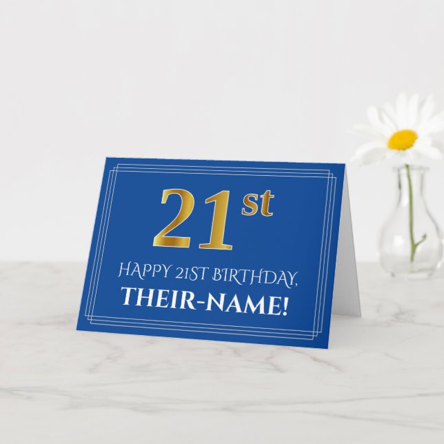 Carte Elégant Faux Gold Look 21e anniversaire, nom (bleu (Petite plante)