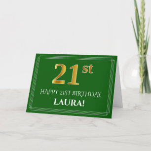 Carte Elégant Faux Gold Look 21e anniversaire, nom (vert