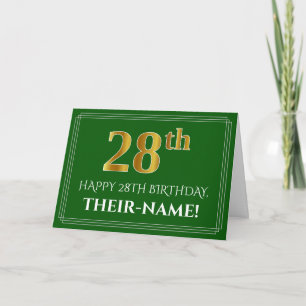 Carte Elégant Faux Gold Look 28e anniversaire, nom (vert