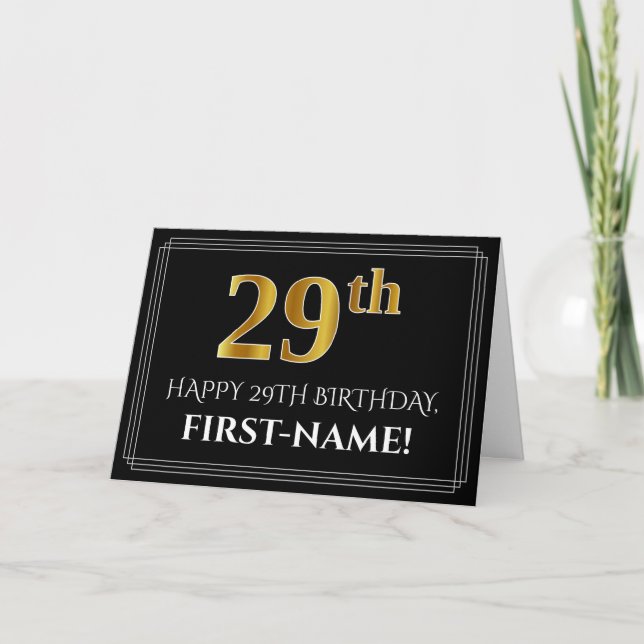 Carte Elégant Faux Gold Look "29ème" Anniversaire + Nom (Devant)