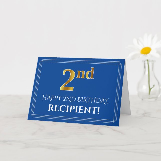 Carte Elégant Faux Gold Look 2e anniversaire, nom (bleu) (Petite plante)