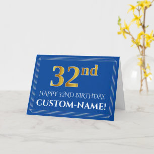 Carte Elégant Faux Gold Look 32e anniversaire, nom (bleu