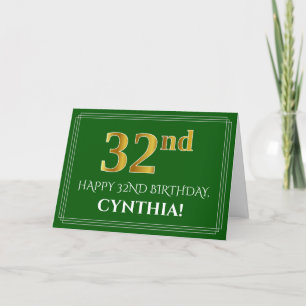Carte Elégant Faux Gold Look 32e anniversaire, nom (vert