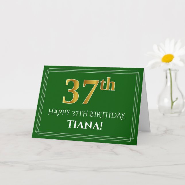 Carte Elégant Faux Gold Look 37e anniversaire, nom (vert (Petite plante)