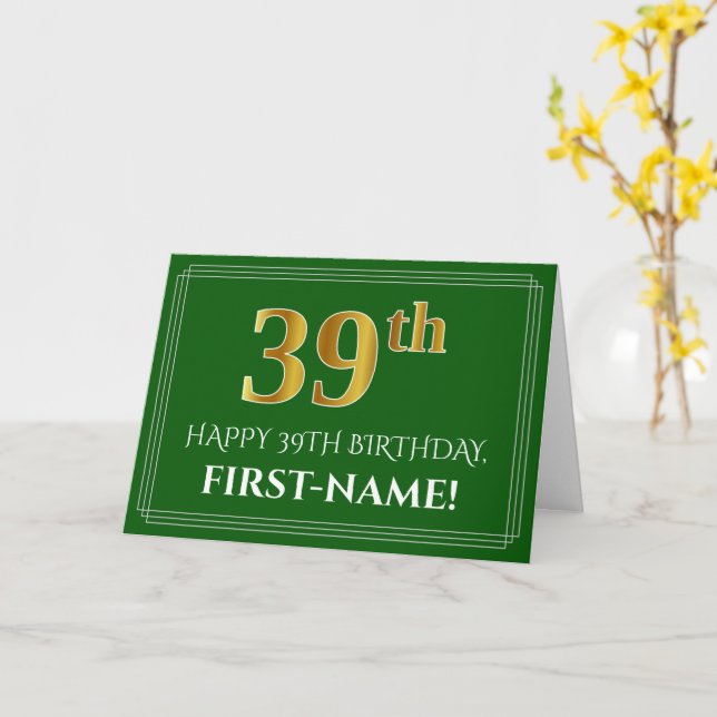 Carte Elégant Faux Gold Look 39e anniversaire, nom (vert (Fleur jaune)