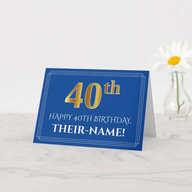 Carte Elégant Faux Gold Look 40e anniversaire, nom (bleu (Petite plante)