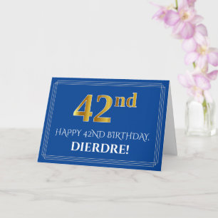 Carte Elégant Faux Gold Look 42e anniversaire, nom (bleu