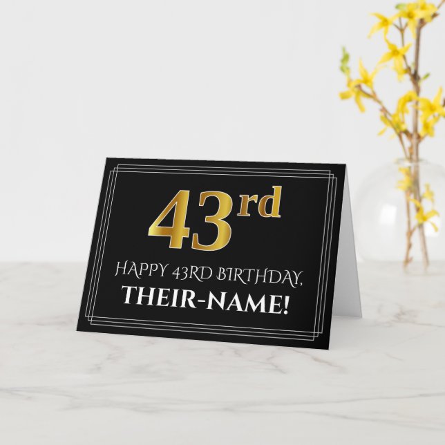 Carte Elégant Faux Gold Look "43ème" Anniversaire + Nom (Fleur jaune)