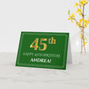 Carte Elégant Faux Gold Look 45e anniversaire, nom (vert