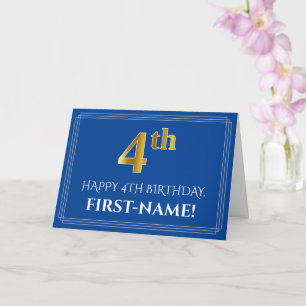 Carte Elégant Faux Gold Look 4e anniversaire, nom (bleu)