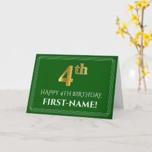 Carte Elégant Faux Gold Look 4e anniversaire, nom (vert)
