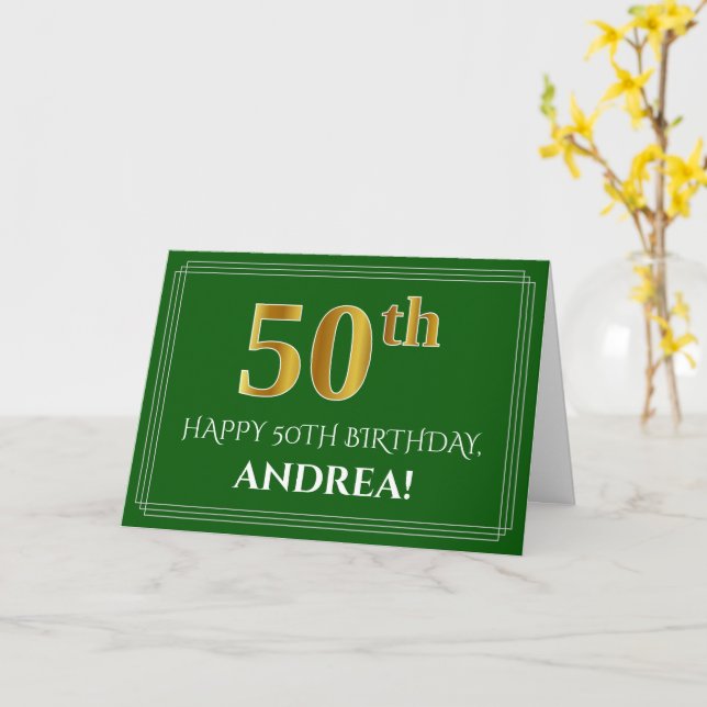Carte Elégant Faux Gold Look 50e anniversaire, nom (vert (Fleur jaune)