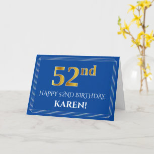 Carte Elégant Faux Gold Look 52e anniversaire, nom (bleu