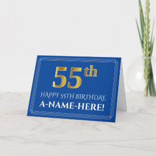 Carte Elégant Faux Gold Look 55e anniversaire, nom (bleu