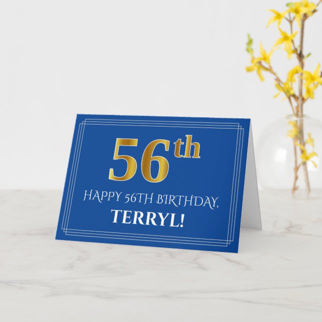 Carte Elégant Faux Gold Look 56e anniversaire, nom (bleu (Fleur jaune)