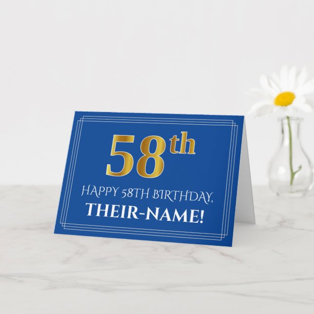Carte Elégant Faux Gold Look 58e anniversaire, nom (bleu (Petite plante)