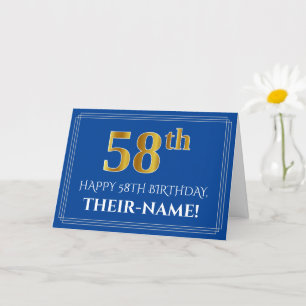 Carte Elégant Faux Gold Look 58e anniversaire, nom (bleu