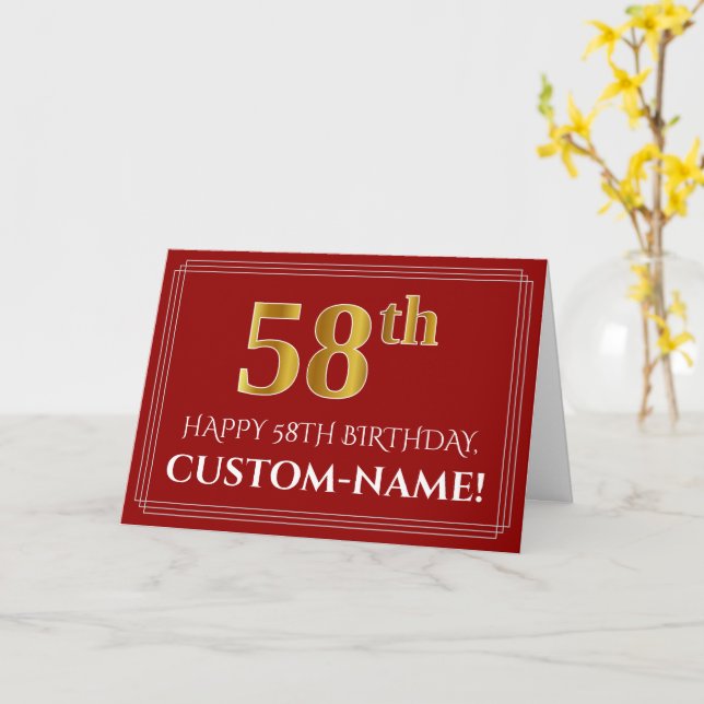 Carte Elégant Faux Gold Look "58ème" Anniversaire, Nom ( (Fleur jaune)