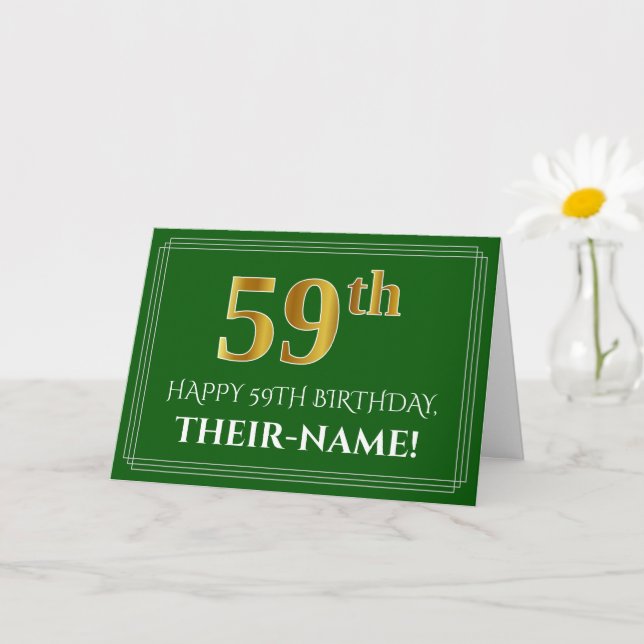 Carte Elégant Faux Gold Look 59e anniversaire, nom (vert (Petite plante)