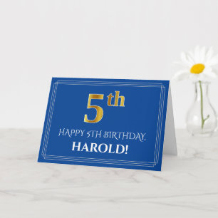 Carte Elégant Faux Gold Look 5e anniversaire, nom (bleu)