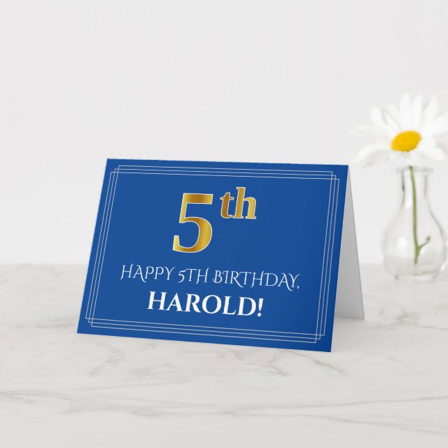 Carte Elégant Faux Gold Look 5e anniversaire, nom (bleu) (Petite plante)