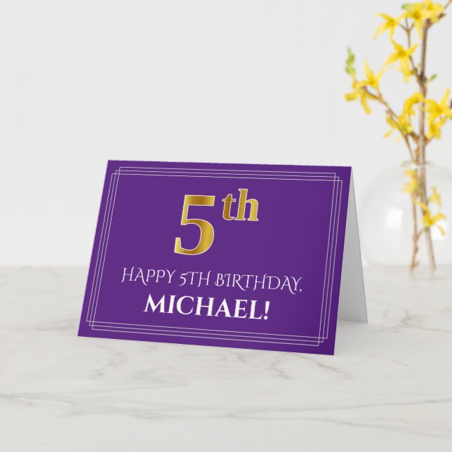 Carte Elégant Faux Gold Look 5e anniversaire, nom; viole (Fleur jaune)
