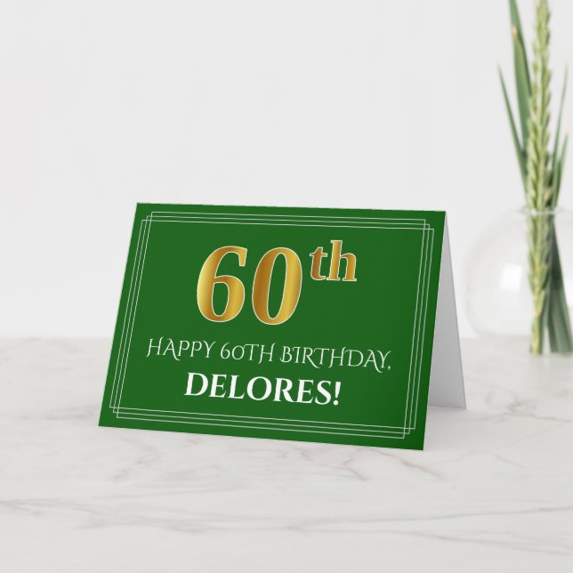 Carte Elégant Faux Gold Look 60e anniversaire, nom (vert (Devant)