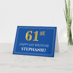 Carte Elégant Faux Gold Look 61ème anniversaire, nom (bl