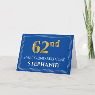 Carte Elégant Faux Gold Look 62e anniversaire, nom (bleu