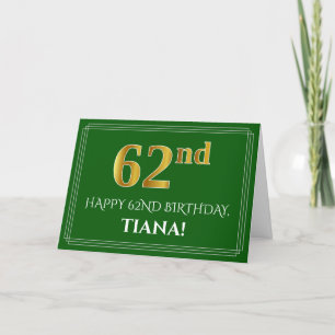 Carte Elégant Faux Gold Look 62e anniversaire, nom (vert