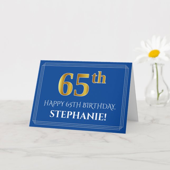Carte Elégant Faux Gold Look 65e anniversaire, nom (bleu (Petite plante)
