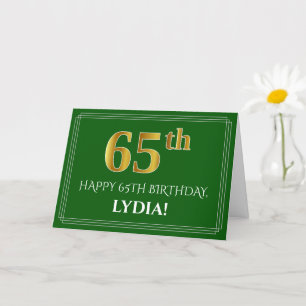 Carte Elégant Faux Gold Look 65e anniversaire, nom (vert